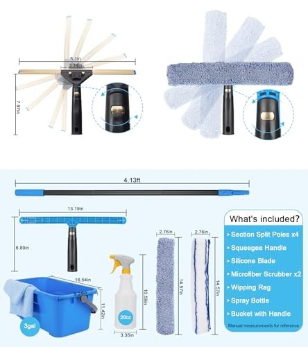 Window Cleaning Kit – 50″ Extension Pole, 8-in-1 Squeegee, Flexible Head, Bucket