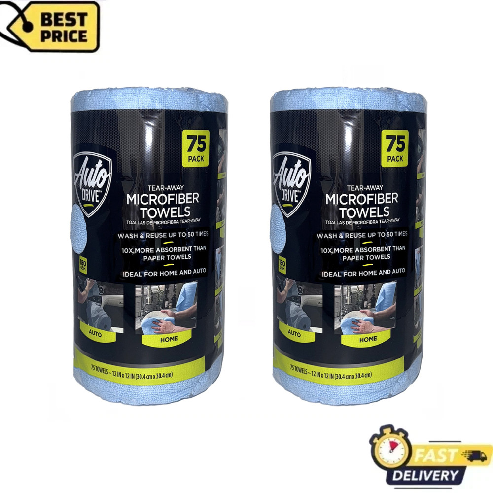 Auto Drive Microfiber Towel Roll, 75Count, Tear Away Car Detailing Cloths, 2Pack
