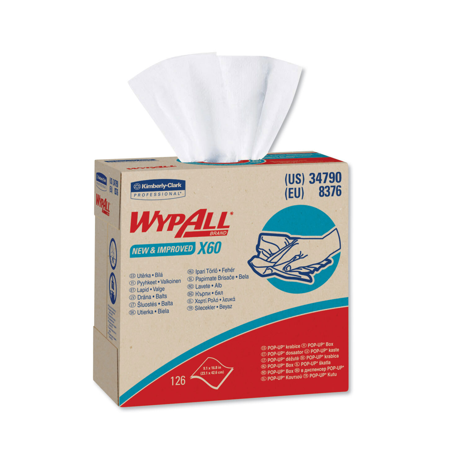 WypAll X60 Cloths, POP-UP Box, White, 9 1/8 x 16 7/8, 126/Box, 10 Boxes/Carton
