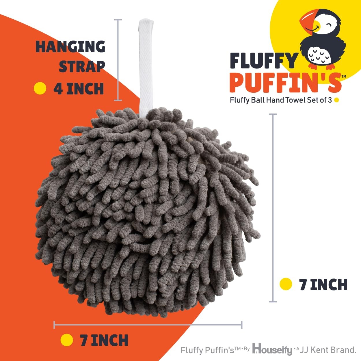 JJ KENT Fluffy Puffins Microfiber Hand 7 inches x 7 inches, Grey and White