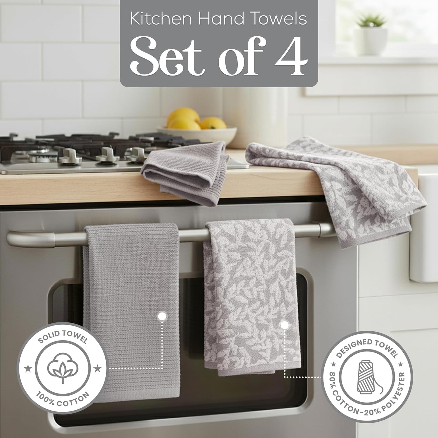 Kitchen Towels, Cotton Hand Towels, Grey and White Vine Ribbed Hand Drying Cloth