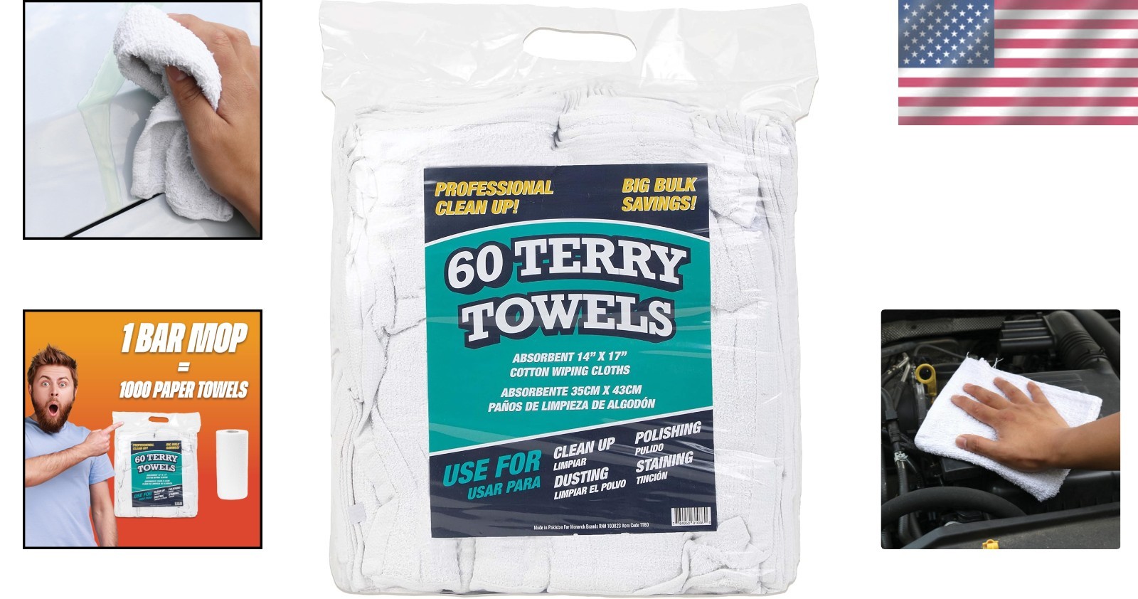 Super Absorbent Terry Cloth Rags – 14×17 Inches, 60 Count, Machine Washable