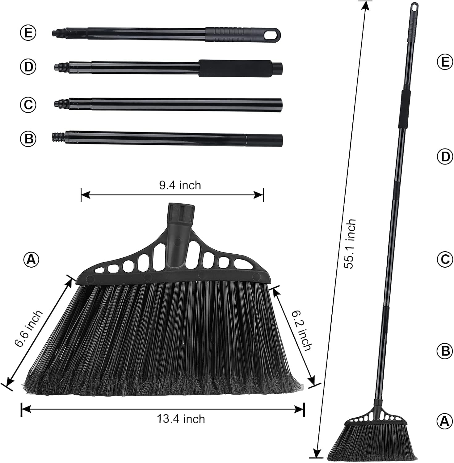 Tiumso Outdoor Broom for Floor Cleaning, Heavy Long Handle Broom, All Black