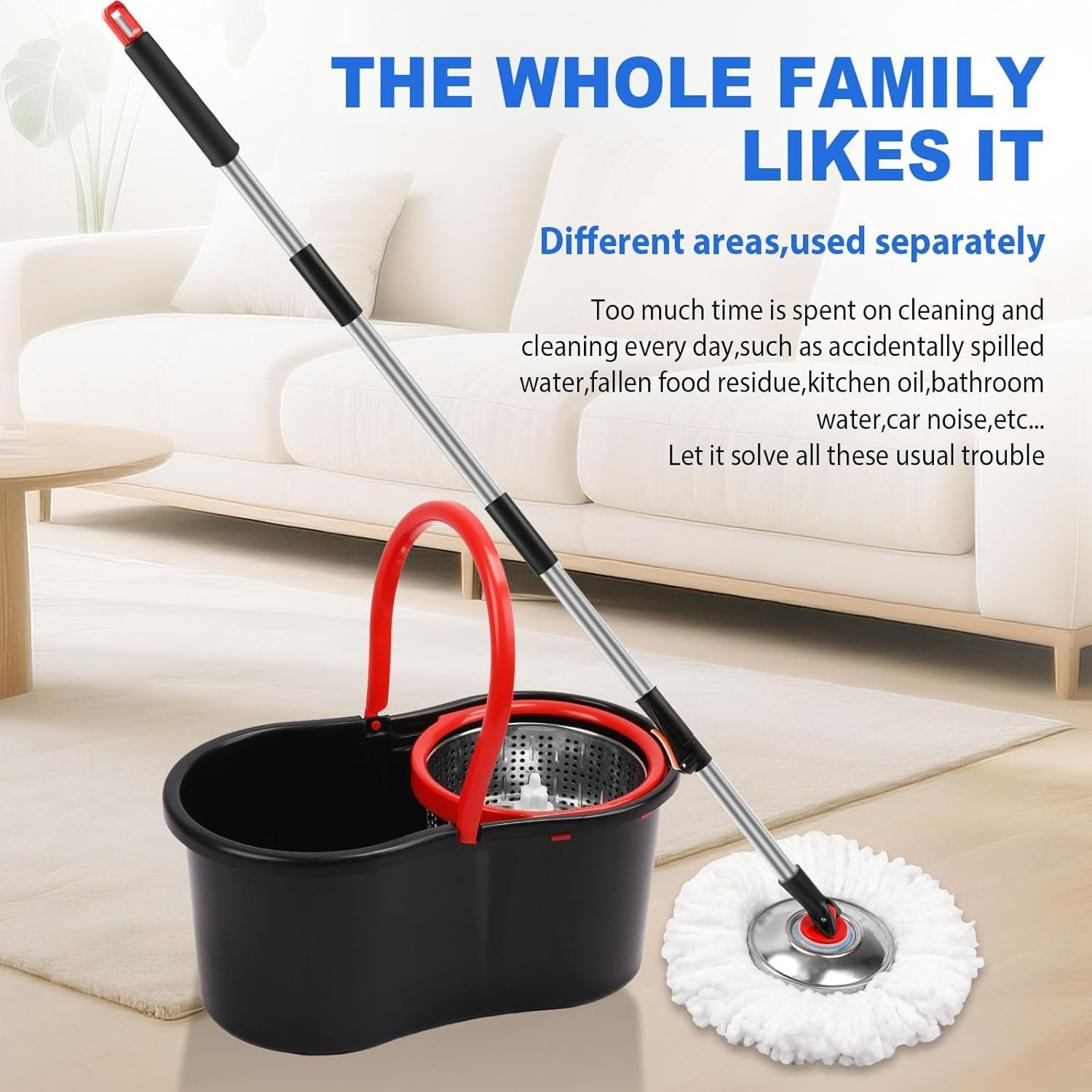 Spin Mop and Bucket with Wringer Set 360 Floor Cleaning 3 Microfiber Heads Black