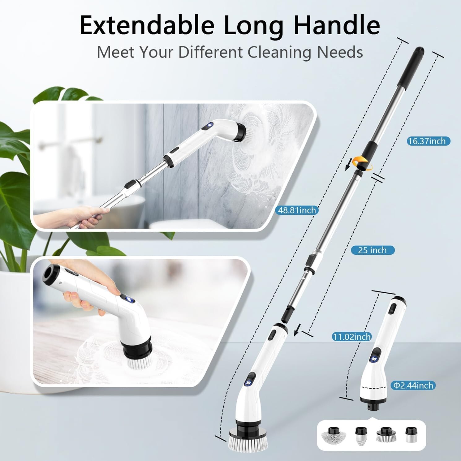 Multi-Surface Electric Scrubber Brush with LCD & 4 Brush Heads for Home Cleaning