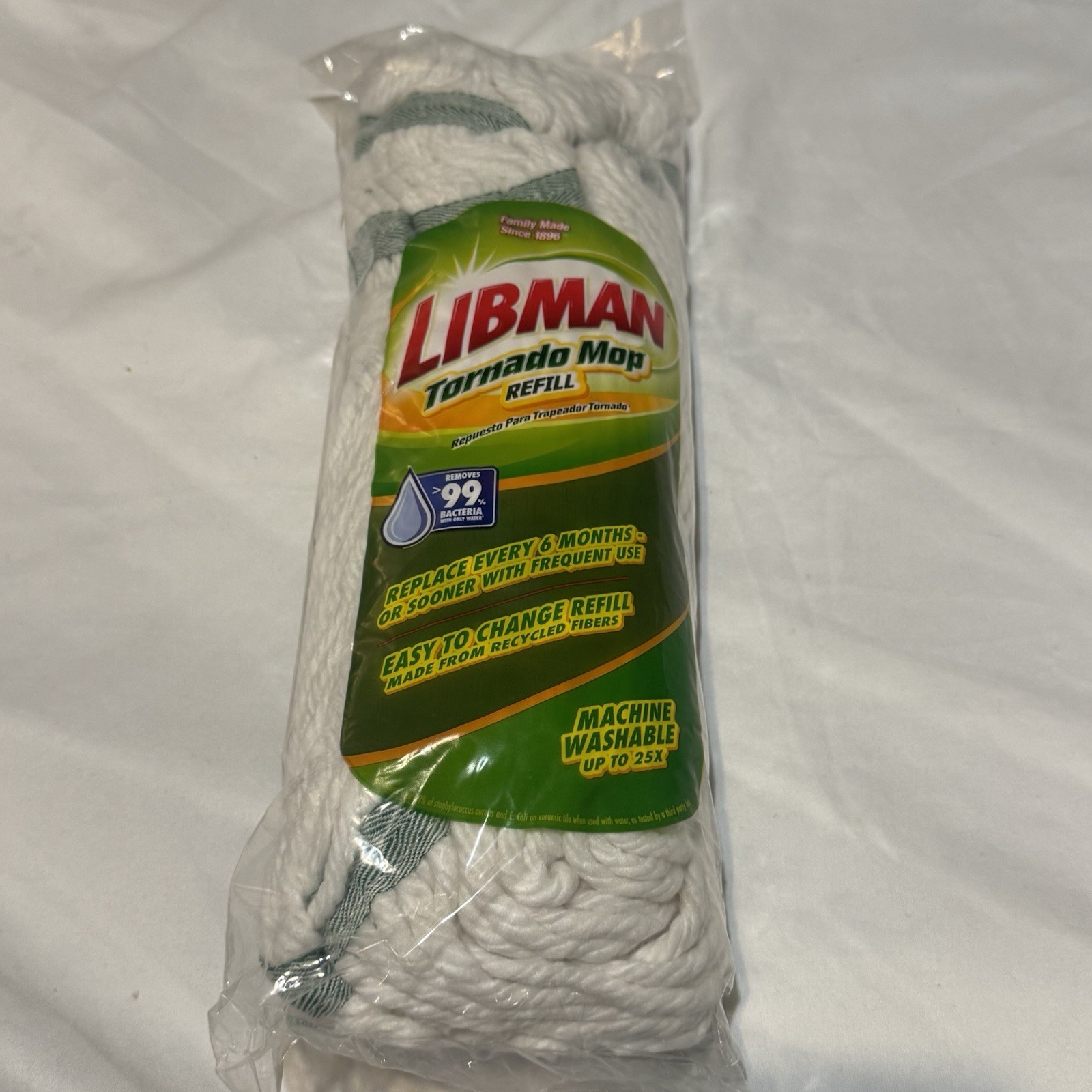 Libman Tornado Mop Refill White Cotton Blend Attachment Style Snap-On