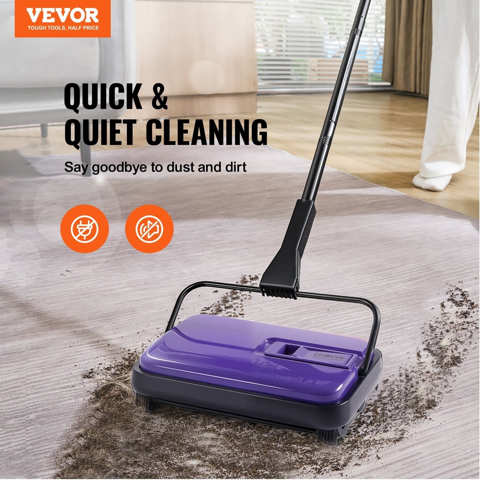 VEVOR FD-13 Manual Carpet Floor Sweeper 300ml Dustbin Purple