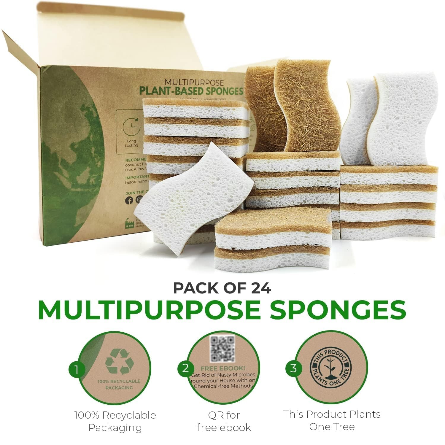 Natural Kitchen Sponges (24 Pack) – Biodegradable Cellulose & Coconut Scrubbe…