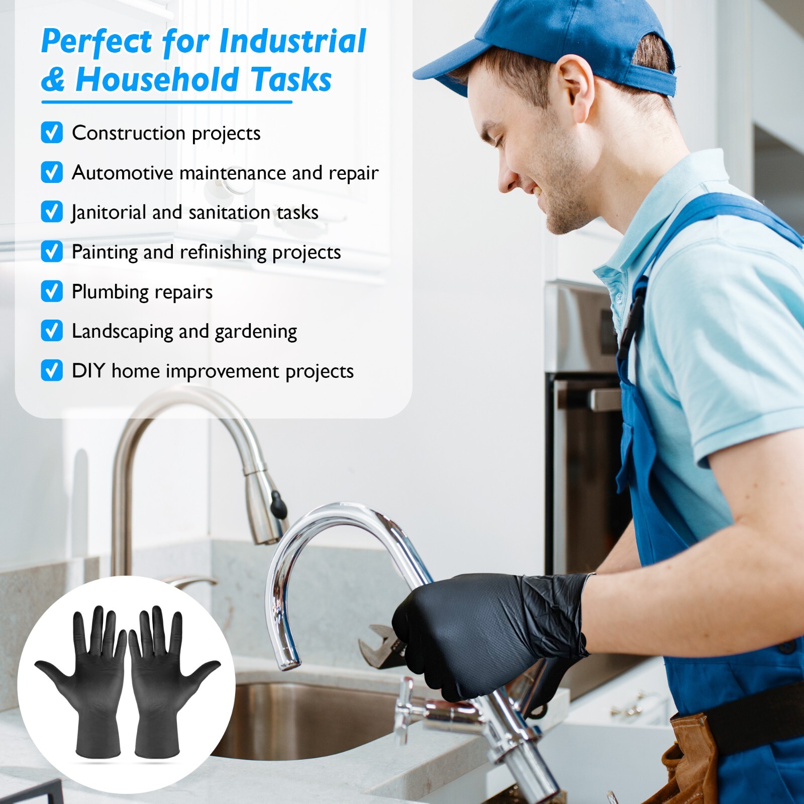 Fortify Diamond Textured Nitrile Gloves – 7mil Heavy Duty, foodsafe (L) Black