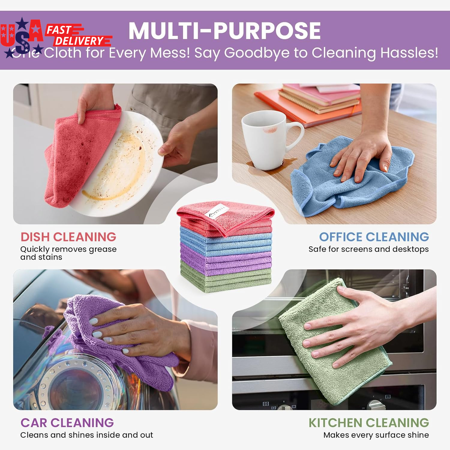Microfiber Cleaning Cloth, 12 Pack Assorted Color Cleaning Rags for Housekeeping