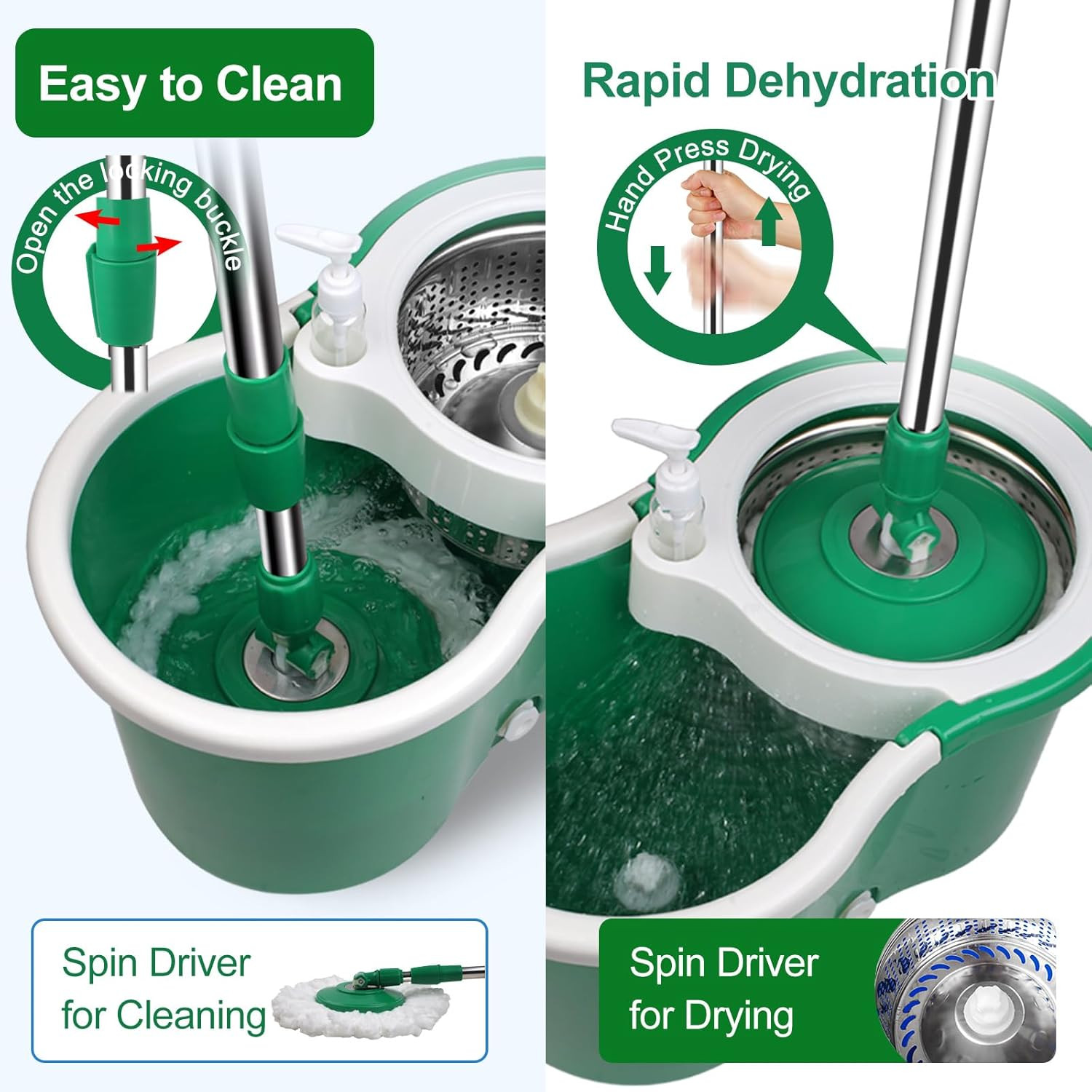 Spin Mop Bucket Set with 3 Refills 360° Rotating Head for Home Office Green