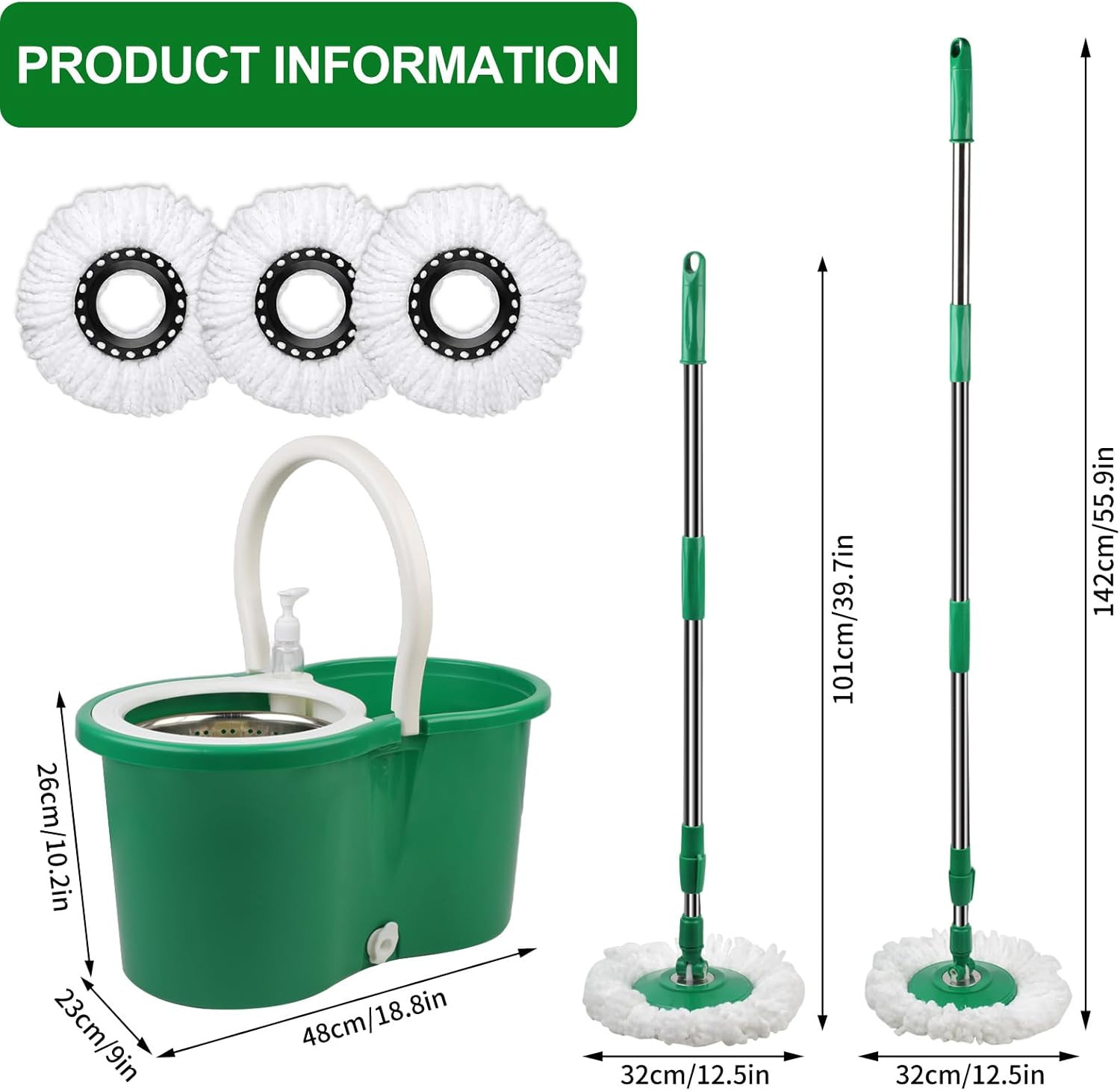 Spin Mop Bucket Set with 3 Refills 360° Rotating Head for Home Office Green
