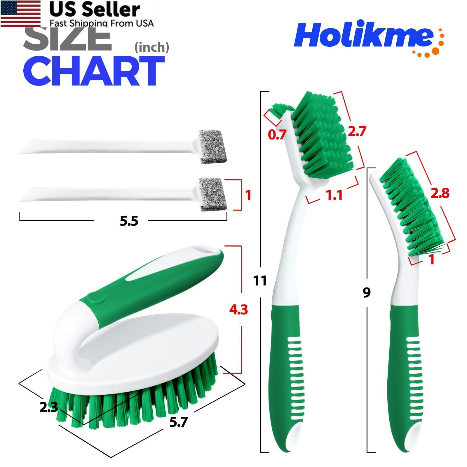 Holikme Cleaning Brush Set for Household Use, Scrub Brush, 5 Pack, Green