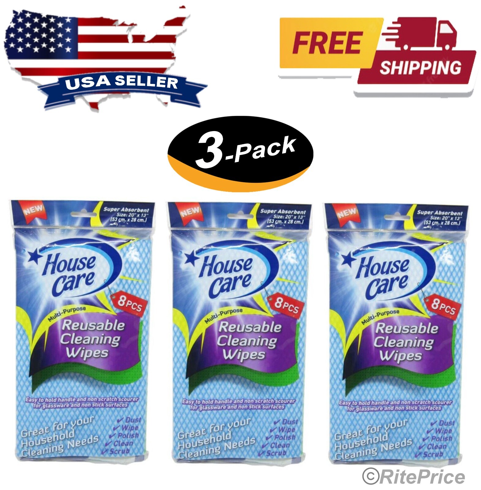 House Care Handy Wipes Multi Purpose Reusable Cleaning Cloth, 8-ct each (3 Pack)