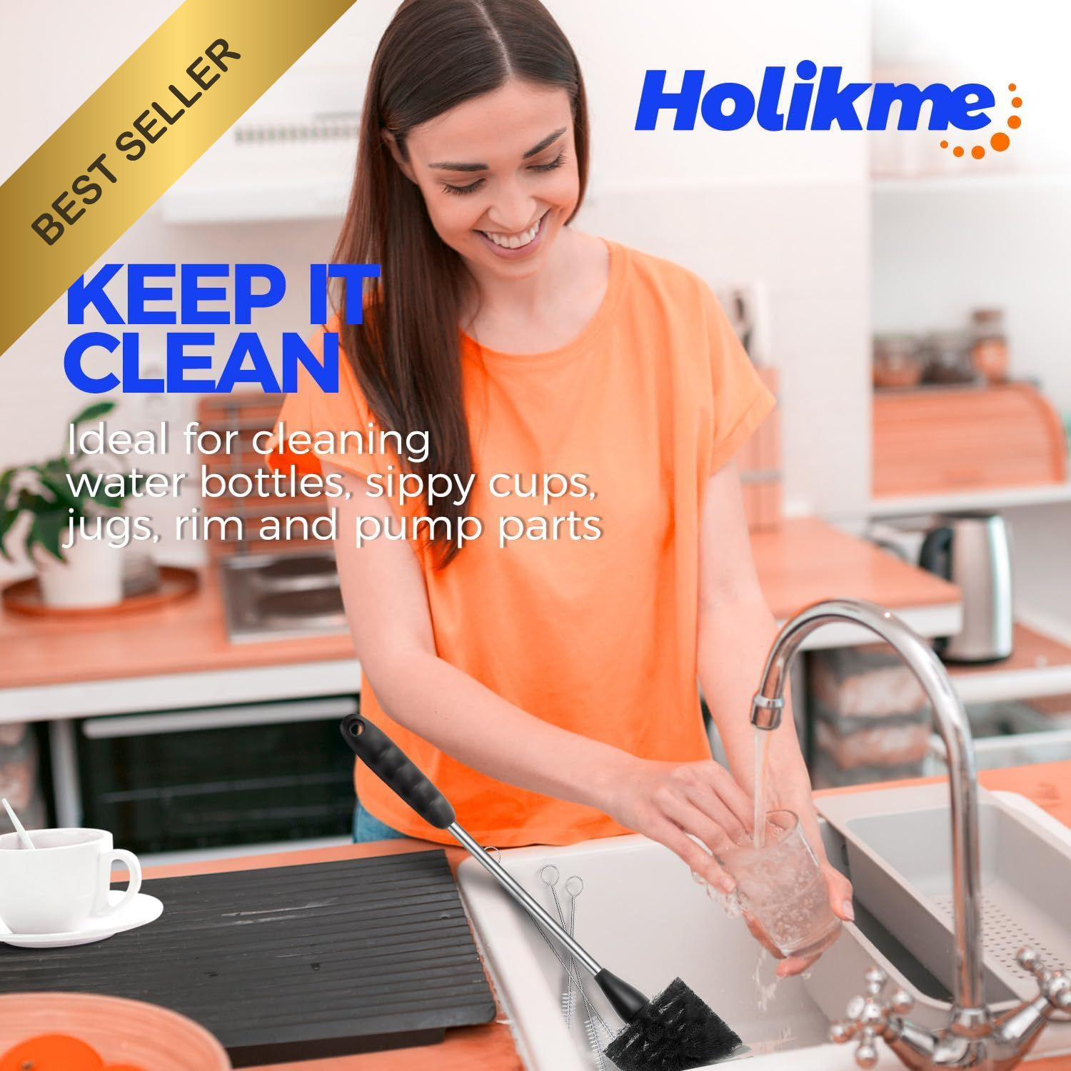 Holikme Bottle Brush Set 4 Pack 14 Inch Stainless Steel Straw Cleaner Black Kit