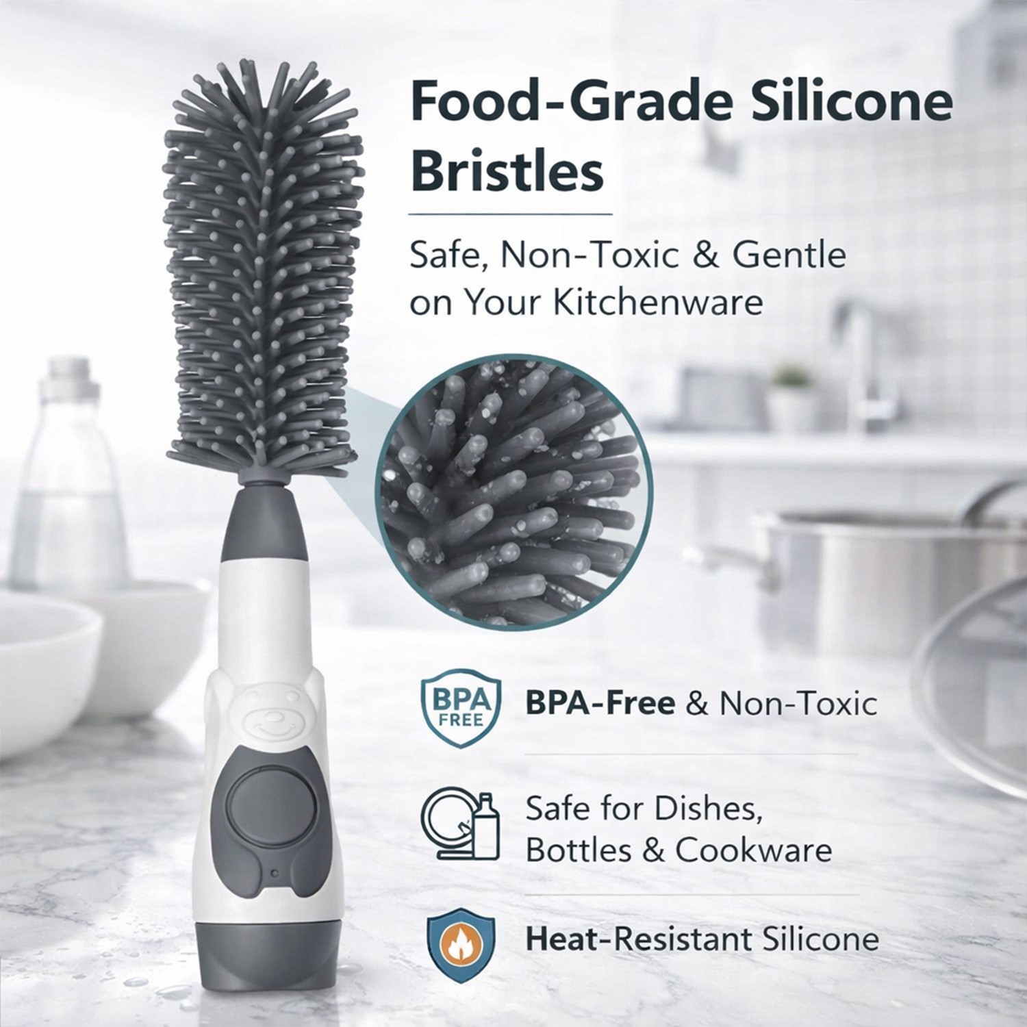 Soap Dispensing Silicone Brush for Kitchenware Bottles Plates BPA Free Cleaning