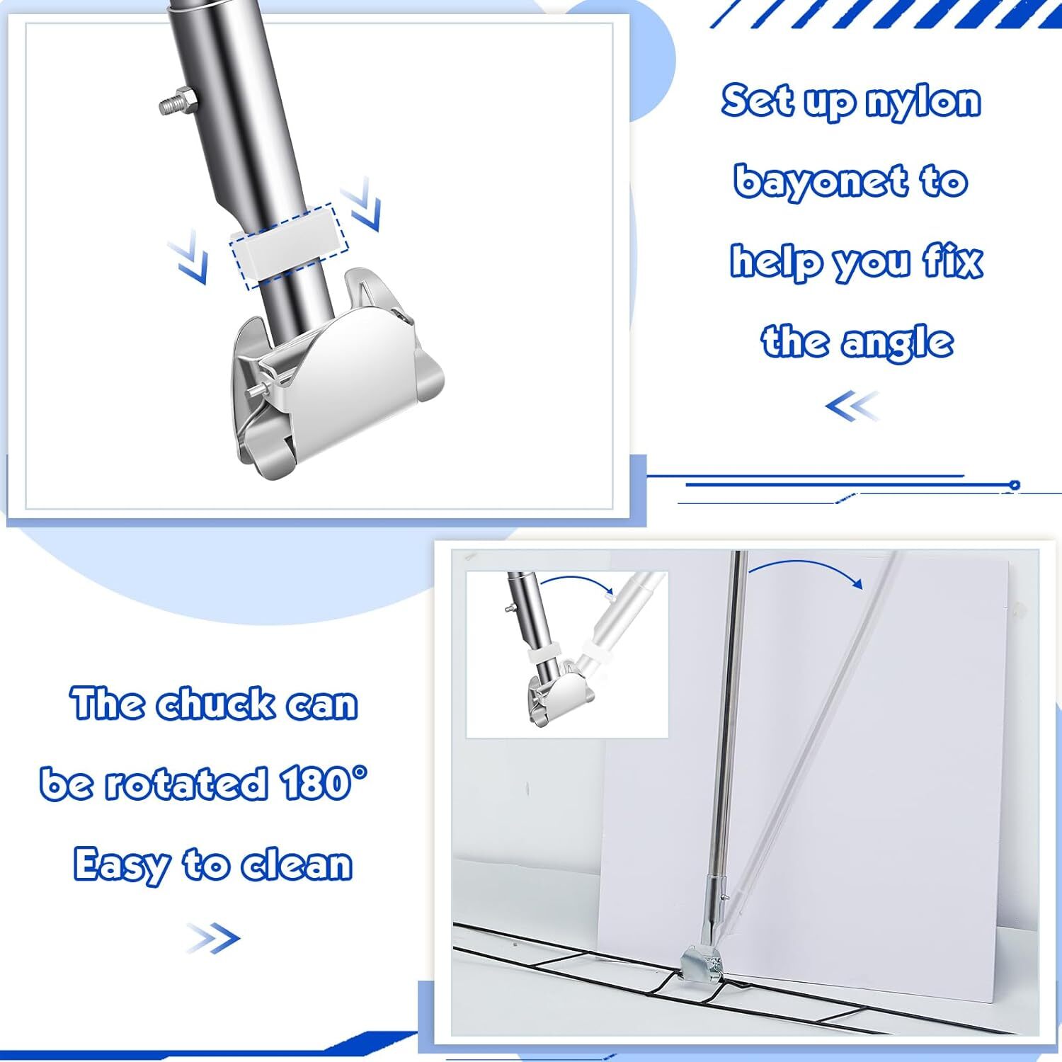 4 Pcs Clip on Dust Mop Handle with Chuck 51.18 Inch Stainless Steel Flexible Man