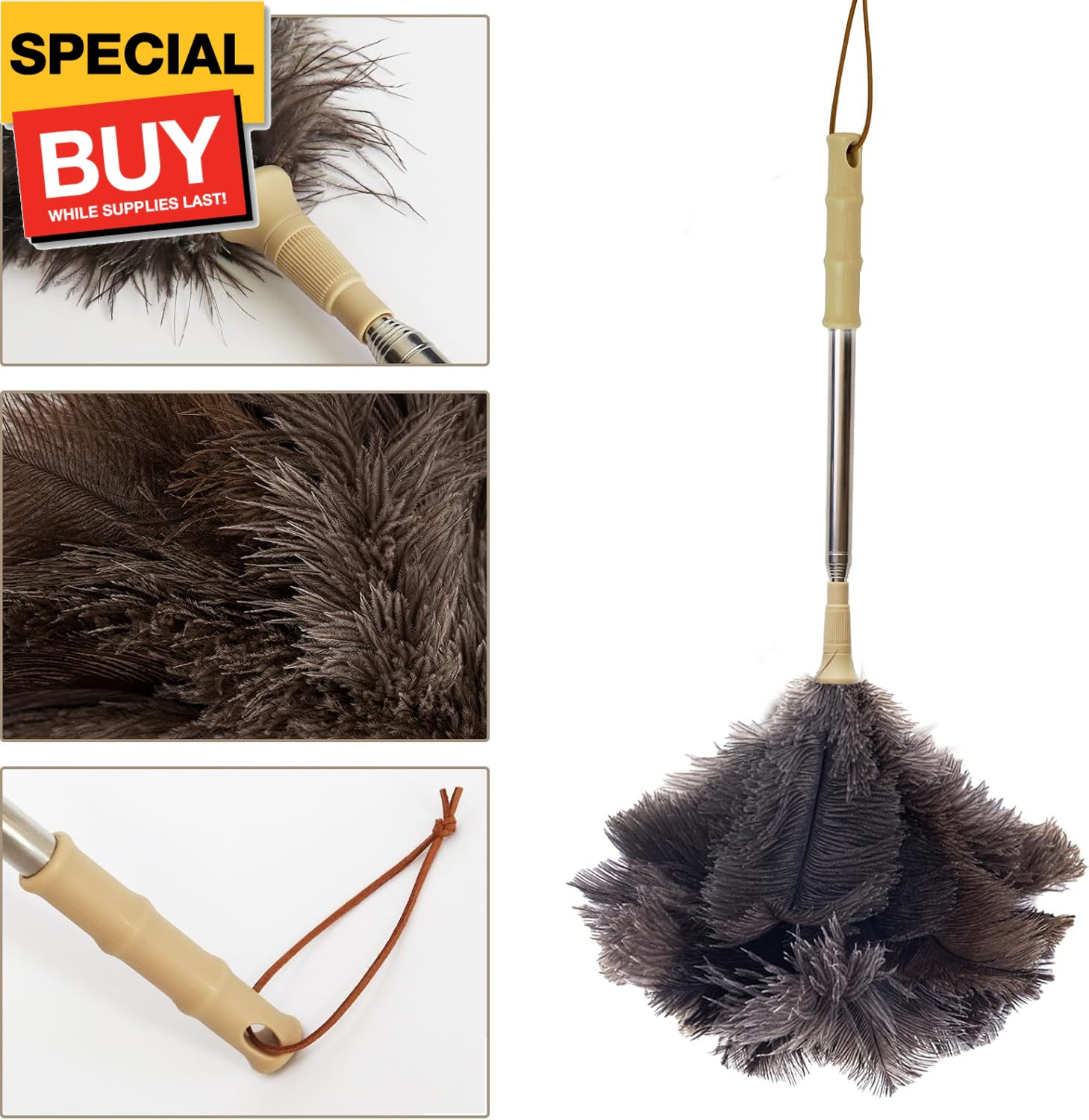 Ostrich Feather Duster with Extension Pole Up to 43 inch, Genuine Fluffy Natural