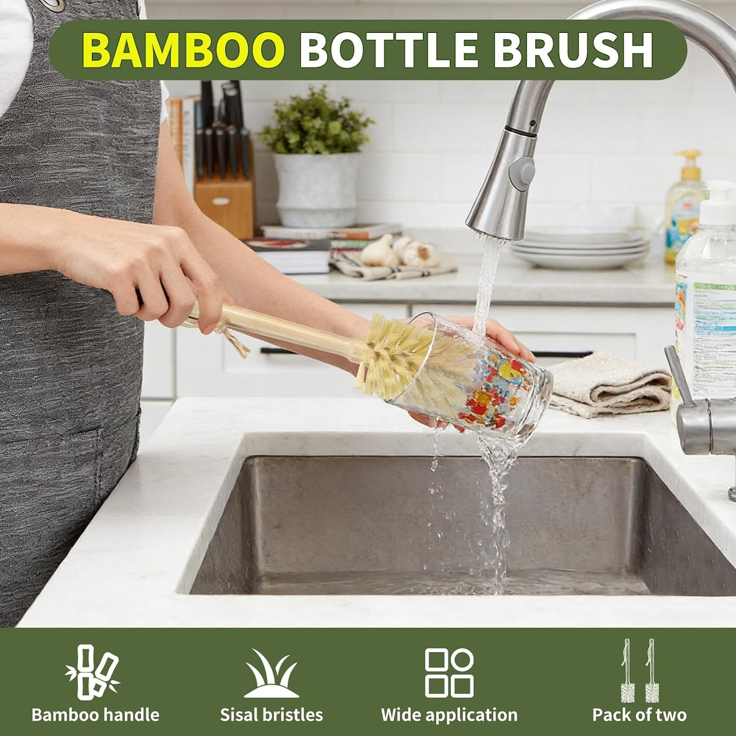 Natural Bamboo Cup Cleaning Brush Set of 2 – 11.5 Inch Sisal Bristle Bottle