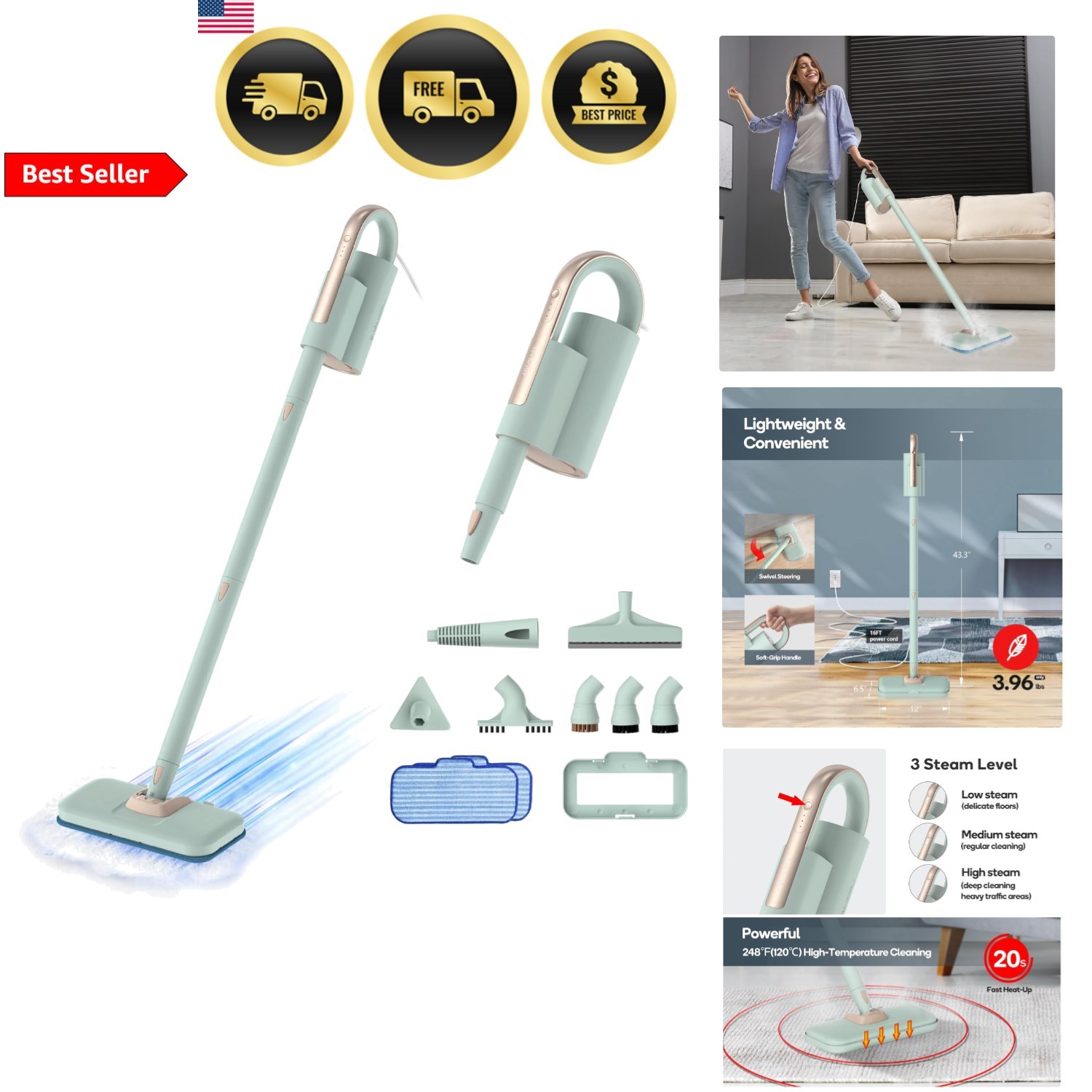 Steam Mop Handheld Cleaner Floor Steamer Carpet Cleaner Hardwood Tile Grout