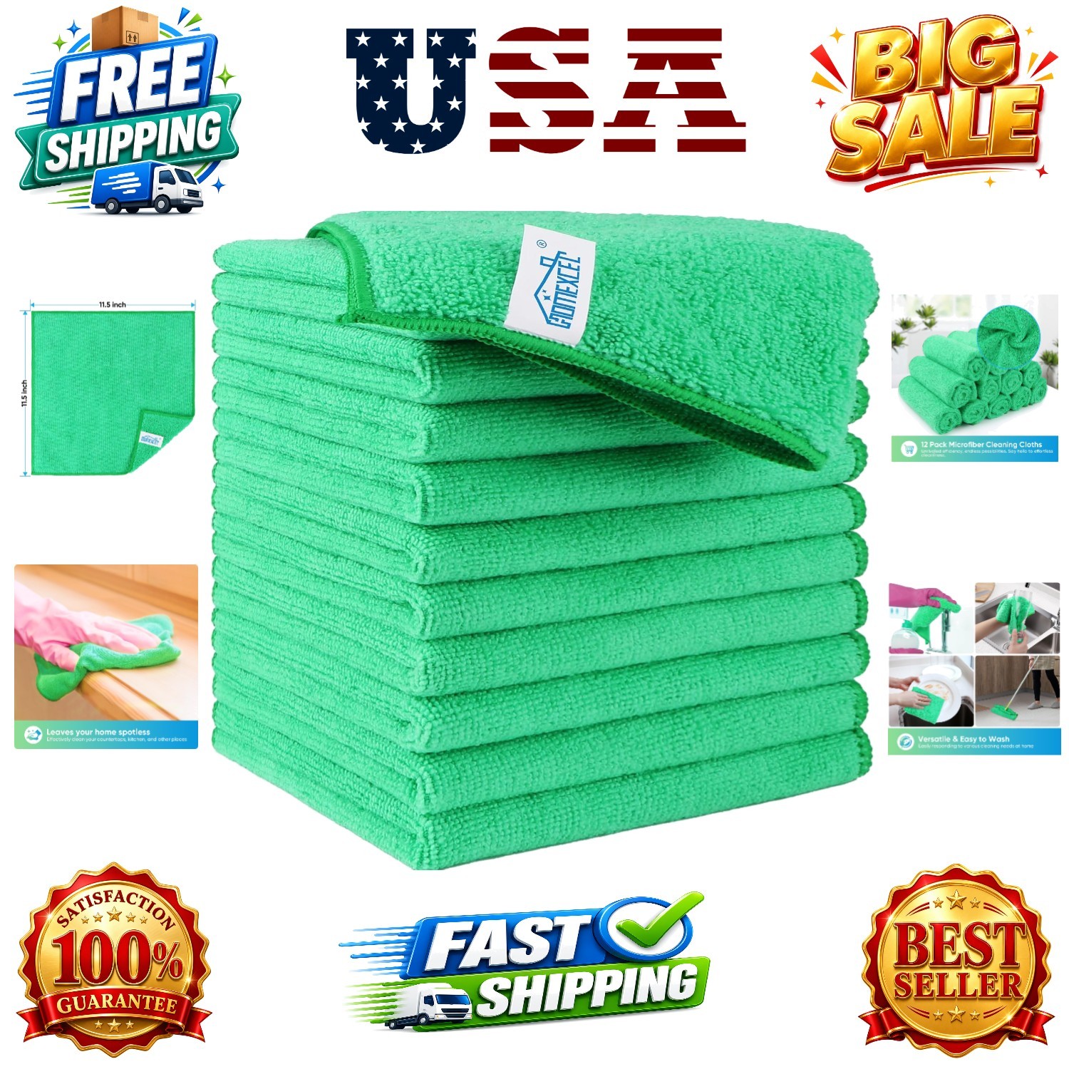 Green Microfiber Cleaning Cloth, 12 Pack Microfiber Towels for Cars, Lint Fr…