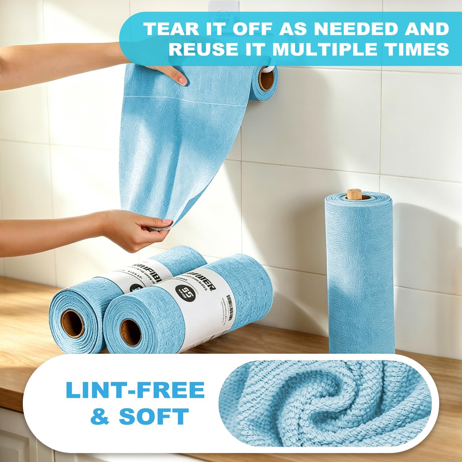 55 Pack Microfiber Cleaning Cloth Roll, Tear Away Reusable Paper Towels, 11″ …