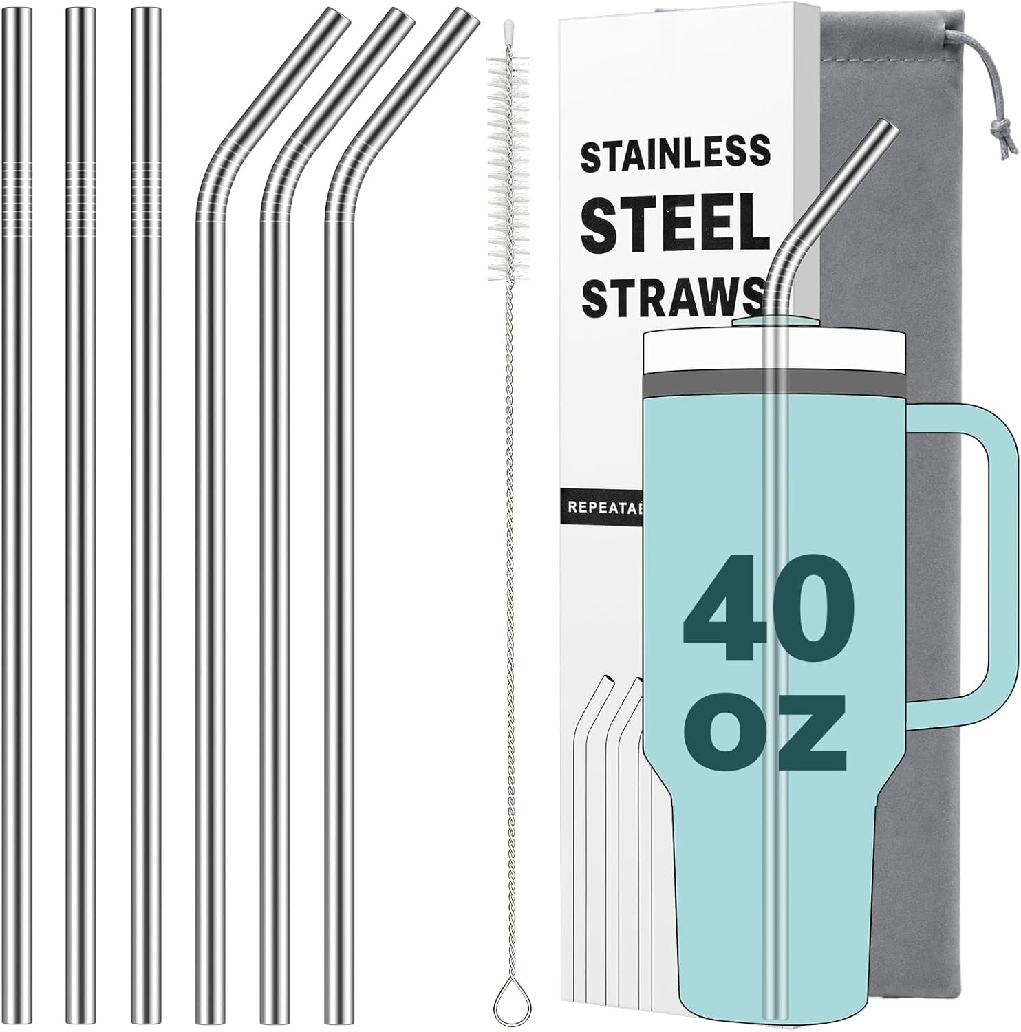 6 Pack Metal Straws for Stanley 40 oz Tumbler, Stainless Steel Reusable