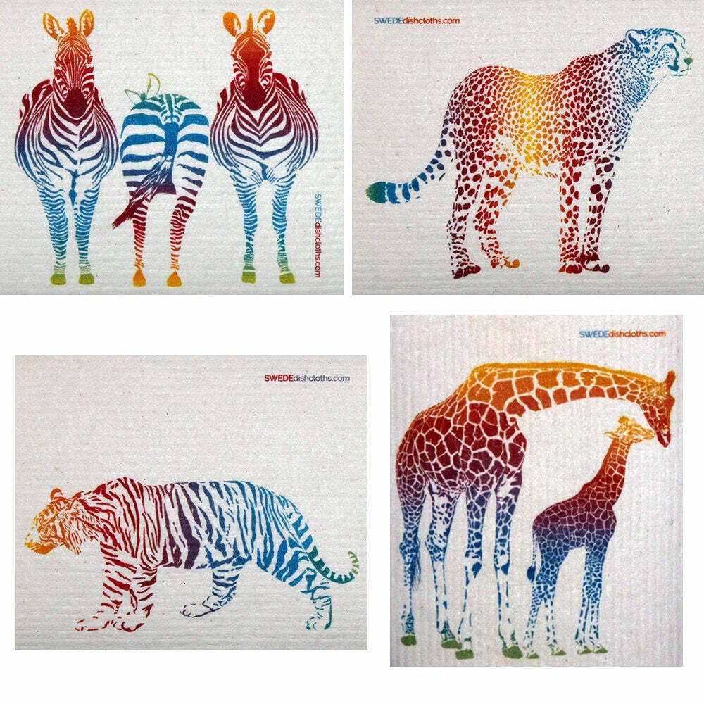 Mixed Colorful Animals Set of 4 each Swedish Dishcloths