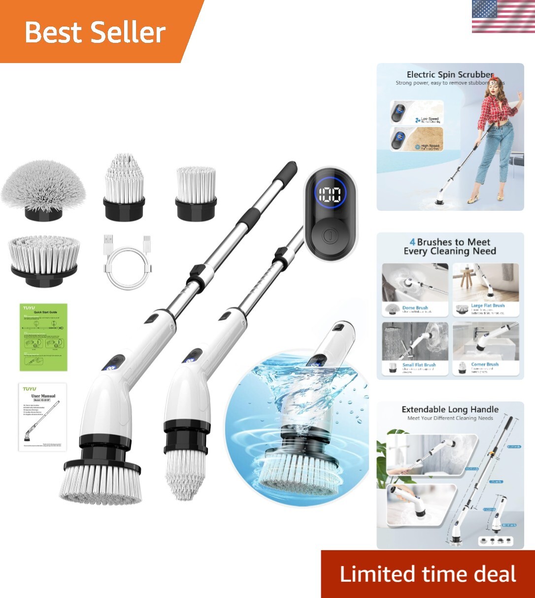 Multi-Surface Electric Scrubber Brush with LCD & 4 Brush Heads for Home Cleaning