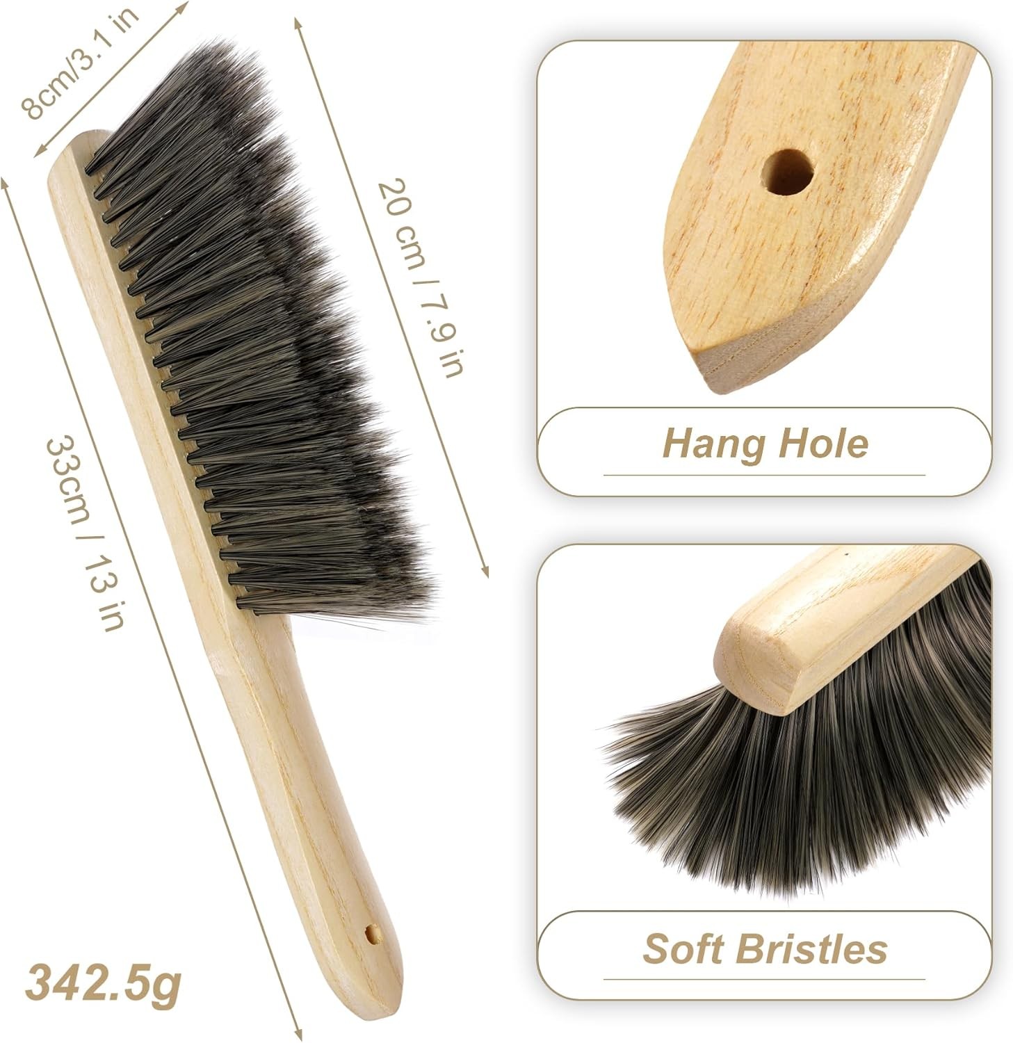 2 Pieces Wooden Handle Bench Brushes Horse Hair Brushes Soft Bristles Dust Brush