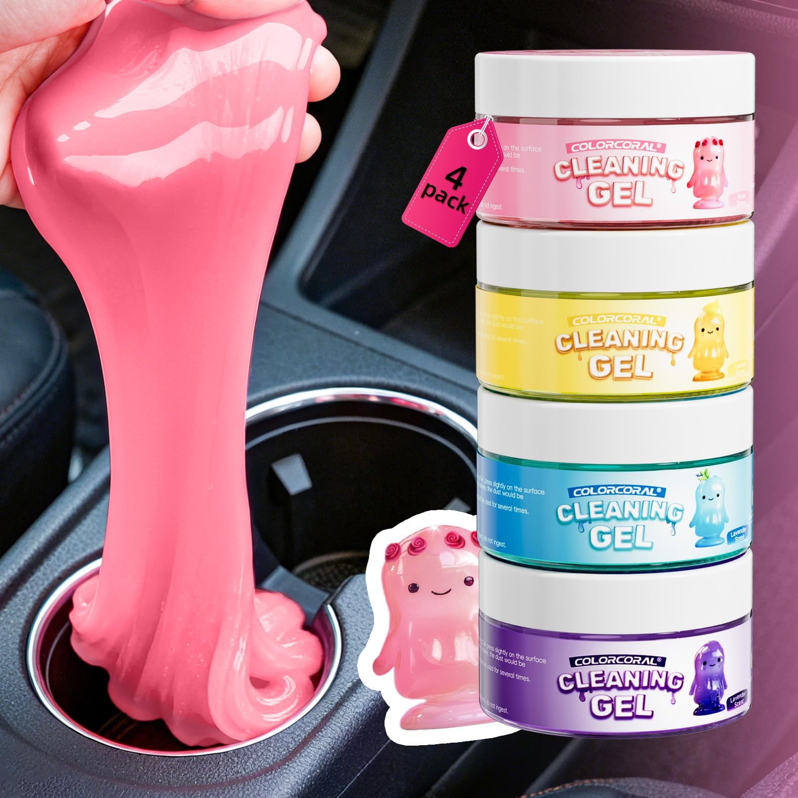 Car Cleaning Gel Reusable 3.5 Ounce (Pack of 4), Blue+Purple+Rose Pink+Yellow