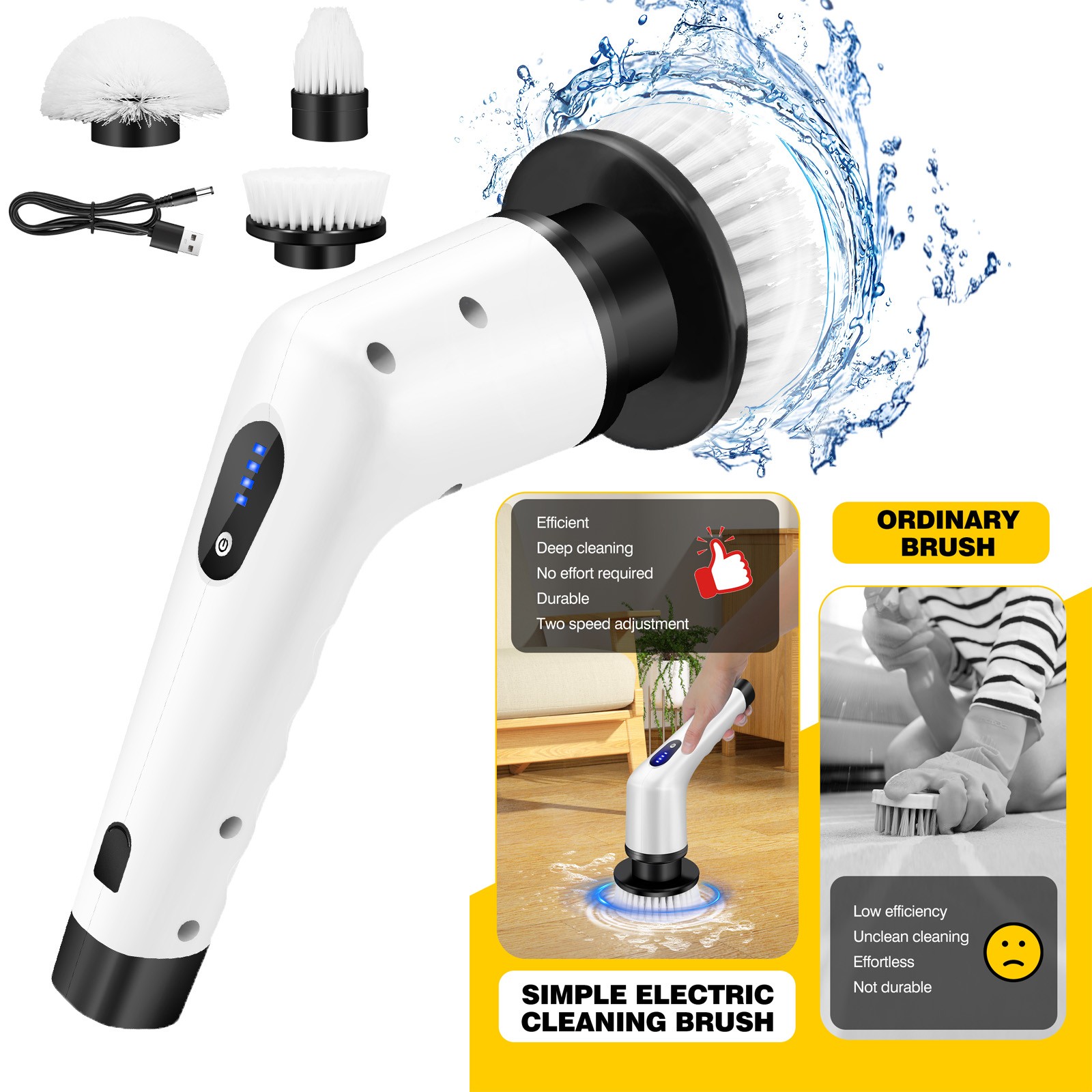 3IN1 Heads Electric Spin Scrubber Cordless Bathtub Power Scrubber Cleaning Brush