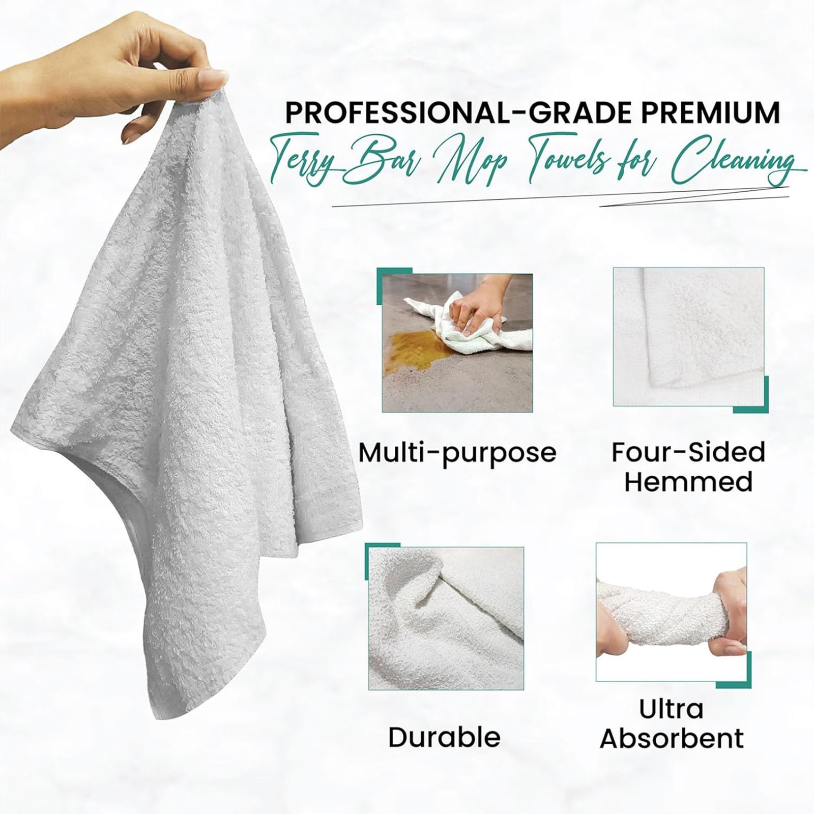 White Terry Bar Mop Towels Bulk Boxes – 100% Cotton Absorbent Rags for Kitchen