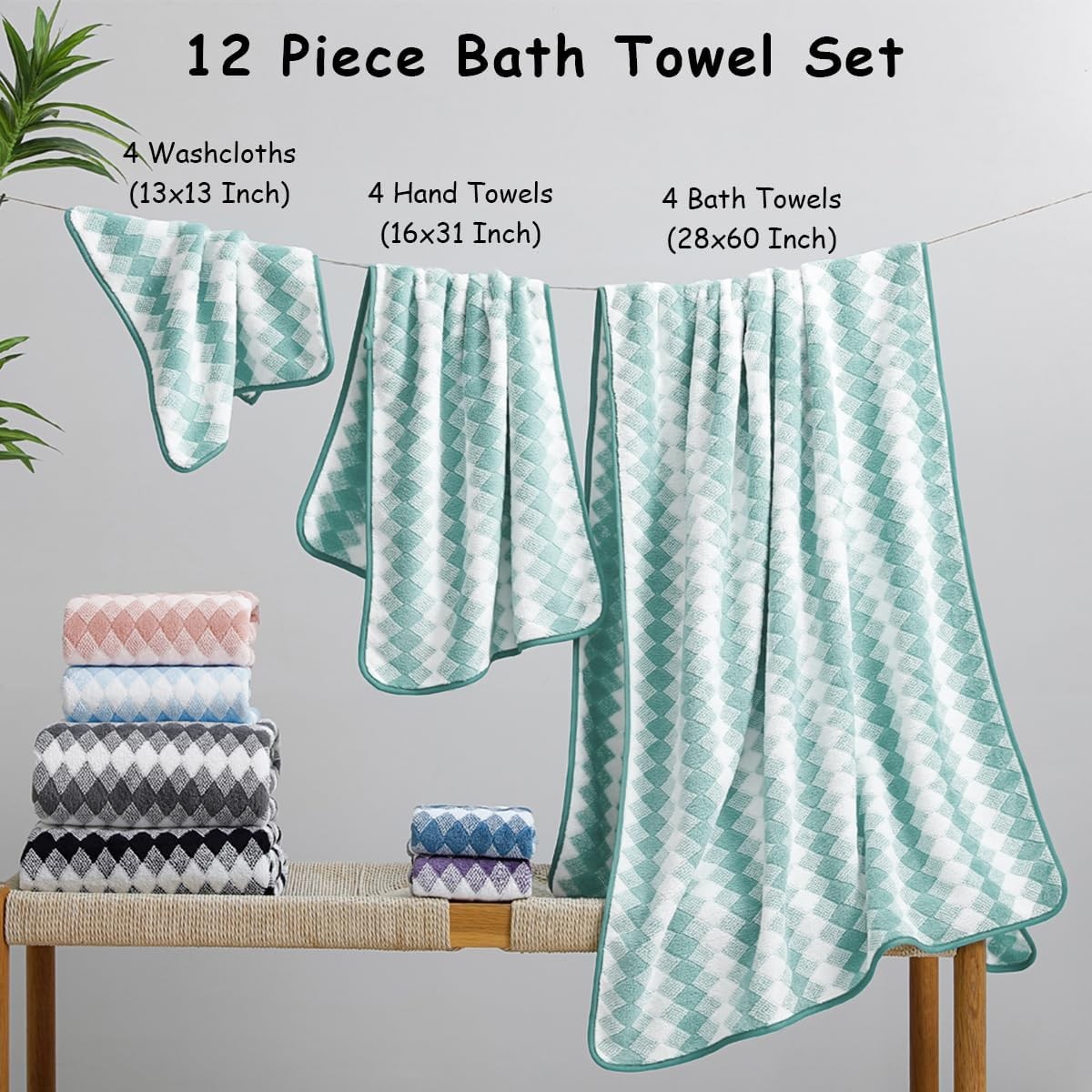 12 Pcs Turquoise Diamond Towel Set-4 Bath Towels,4 Hand Towels,4 Washcloths Soft
