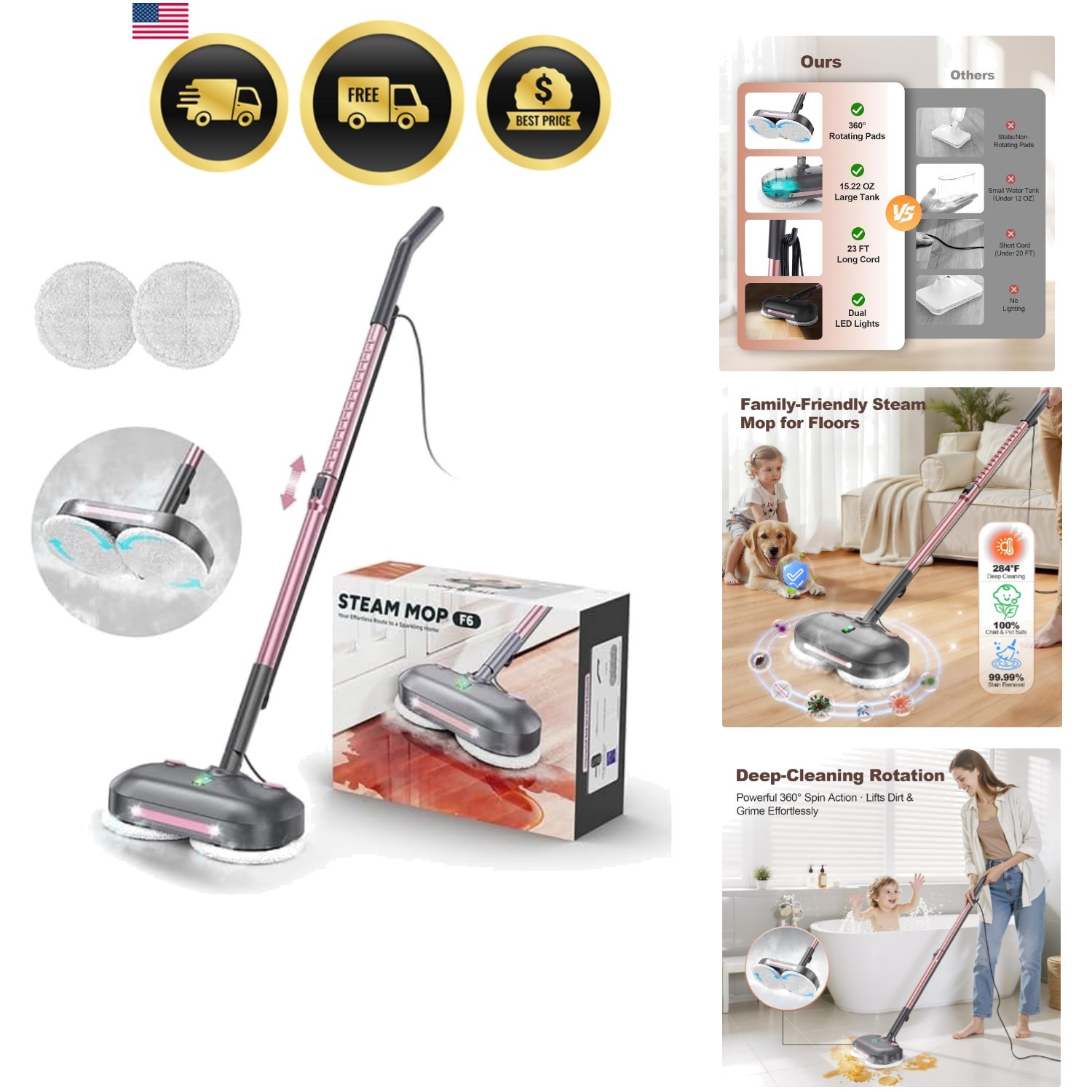 Scrubbing Steam Mop with Rotating Pad,Spin Steam Cleaner for Floor Cleaning |…