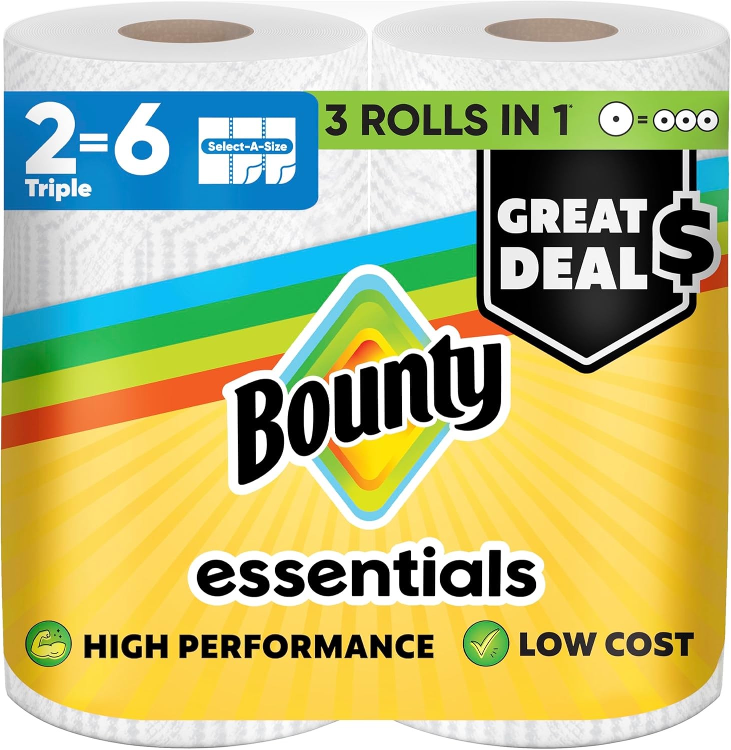 Essentials Select-A-Size Paper Towels, White, 2 Triple Rolls = 6 Regular Rolls