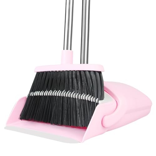 Pink Broom and Dustpan Set, 52-in Handle Broom Dustpan Combo Set Pink&grey