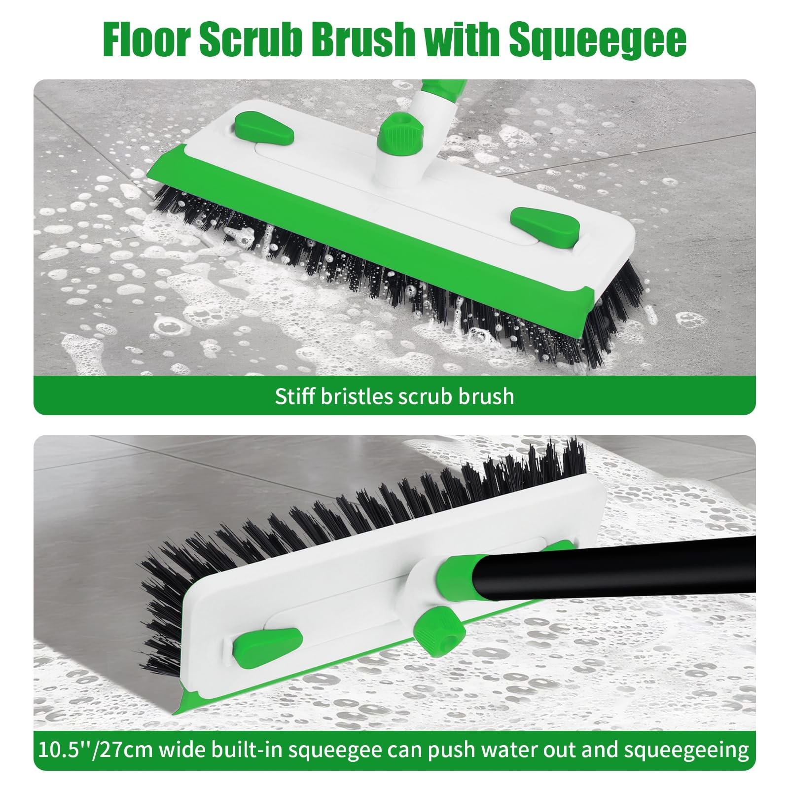 Floor Scrub Brush with Long Handle, 3-in-1 Scrape Scrubber Green