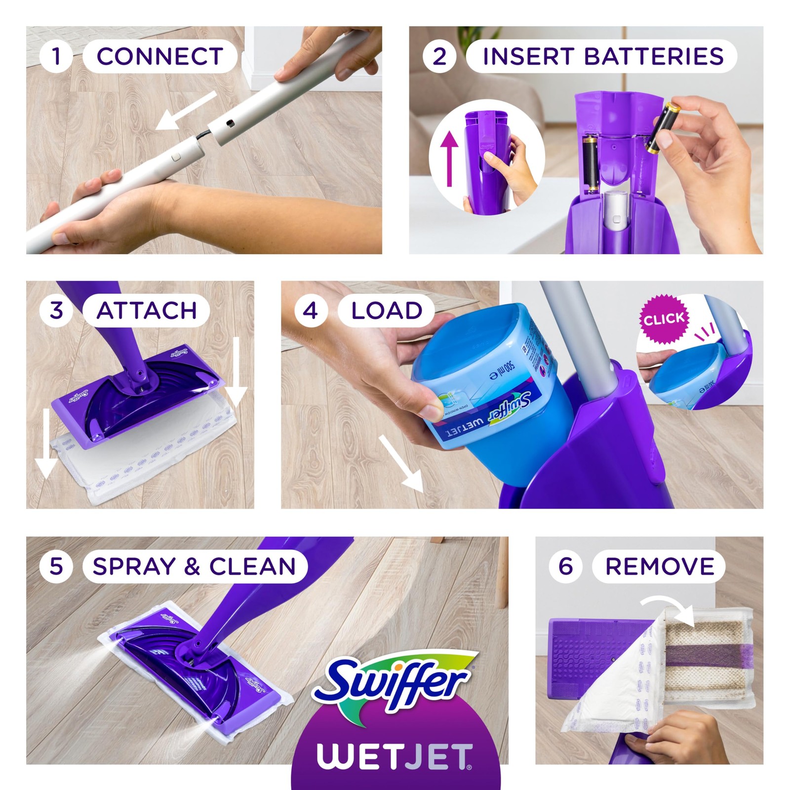 Swiffer WetJet Hardwood and Floor Spray Mop Cleaner Starter 1 Kit, Purple