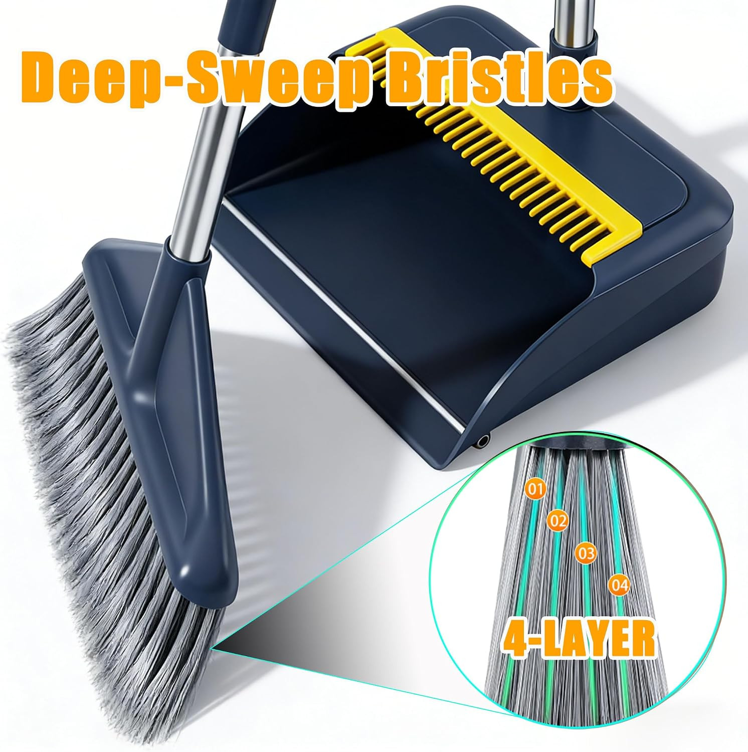 Broom and Dustpan Set with 52″ Long Handle | Stand Up Dustpan with No Warping Me