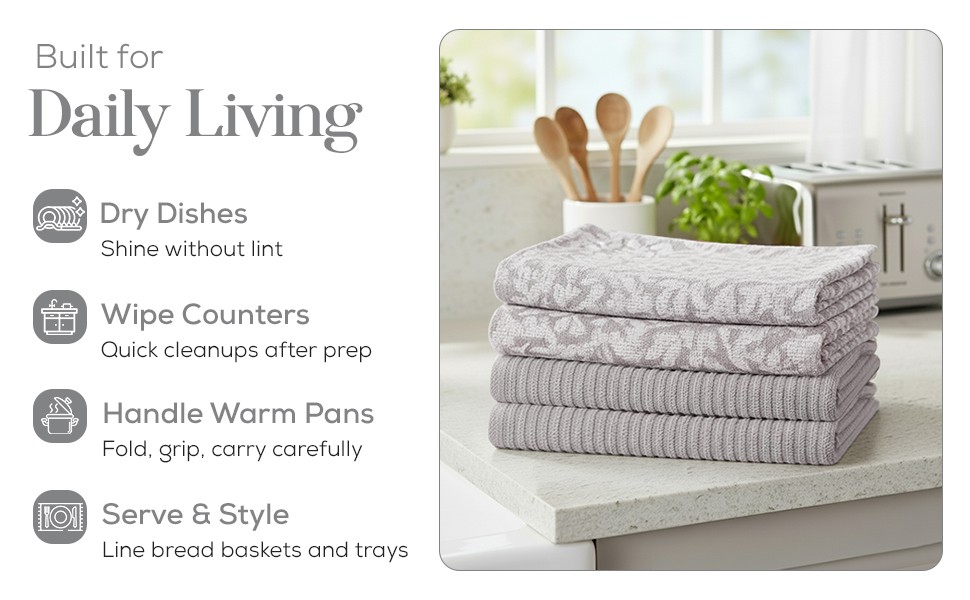 Kitchen Towels, Cotton Hand Towels, Grey and White Vine Ribbed Hand Drying Cloth