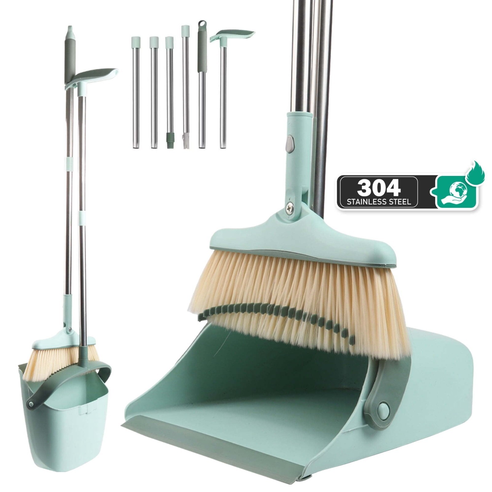 Broom and Dustpan Set with Cleaning Teeth, 55″ Long Handle Indoor Bluish Green