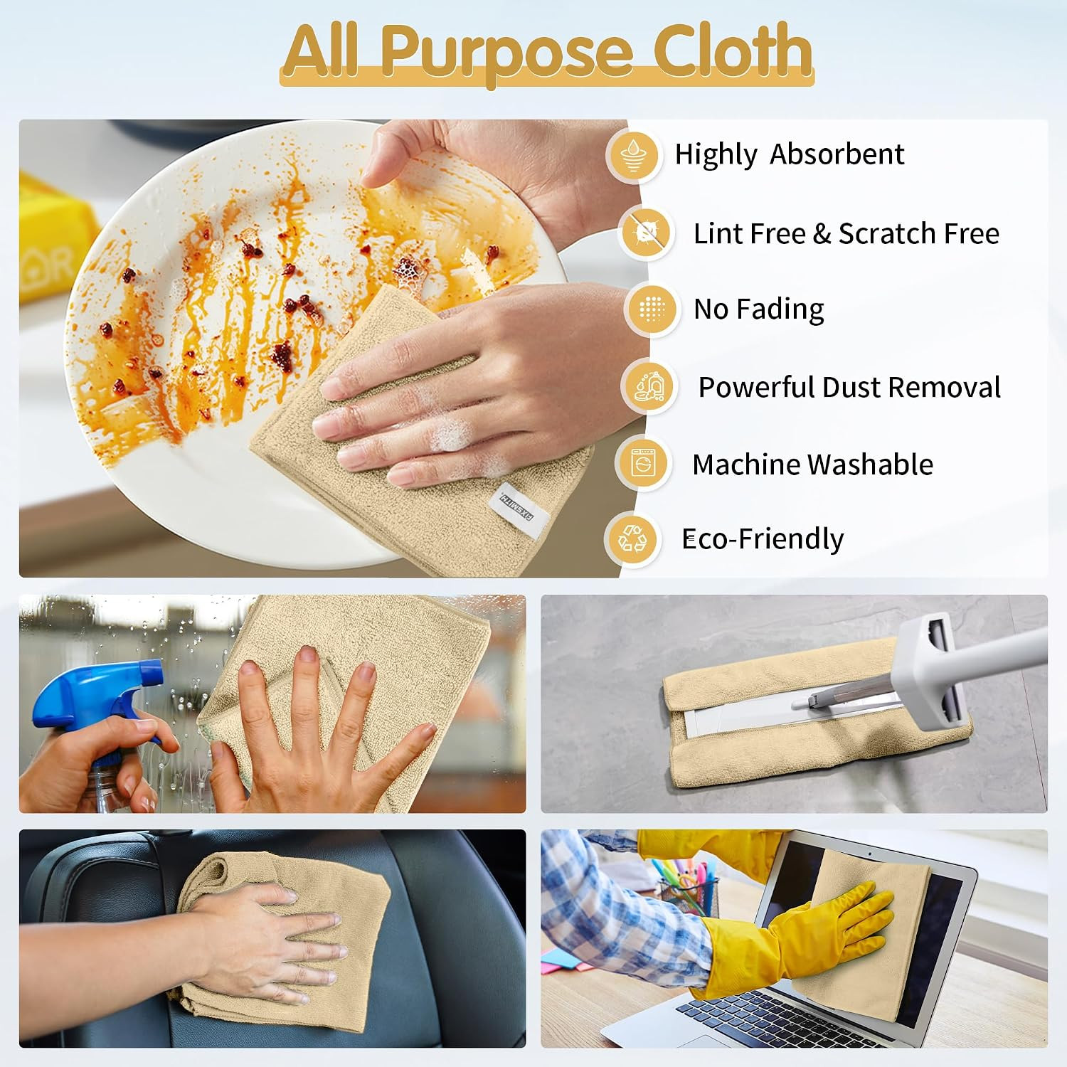 Beige Microfiber Cleaning Cloth -Pack of 8, Highly Absorbent Cleaning Rags, 16″X