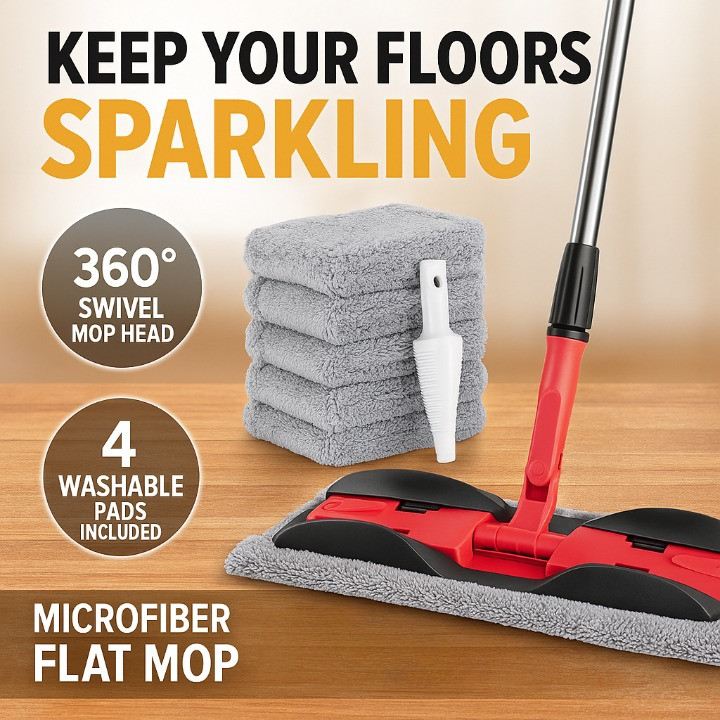 Microfiber Flat Mop for Floor Cleaning Wood Tile – 4 Washable Pads + Scraper