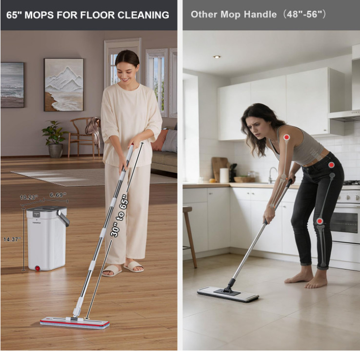 Juego Mopa Plana con Cubo 3 Depósitos 65” y 4 Mopas Lavables para Suelos