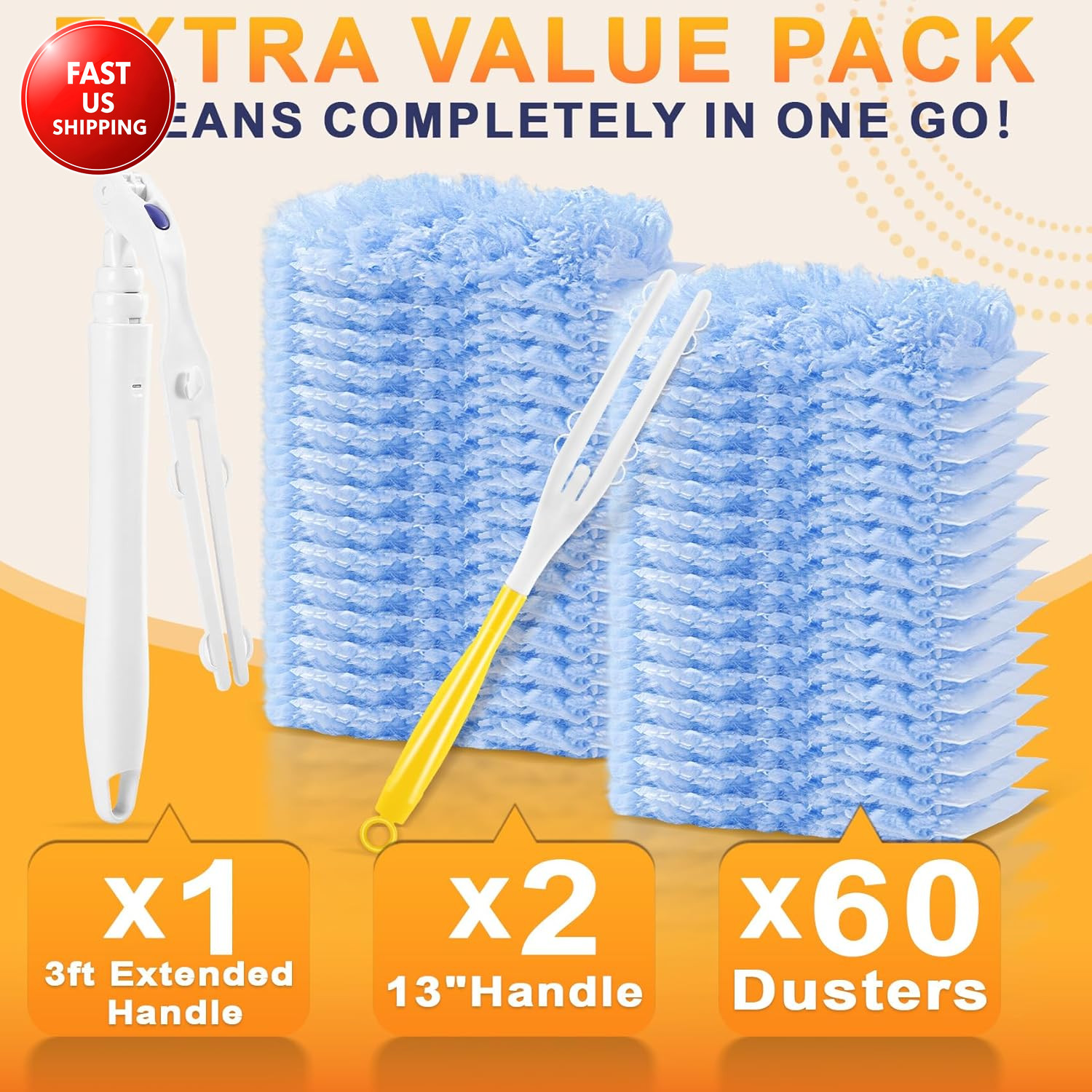 60-Pack Heavy Duty Duster Refills Compatible with Swiffer, 3FT Extendable Handle