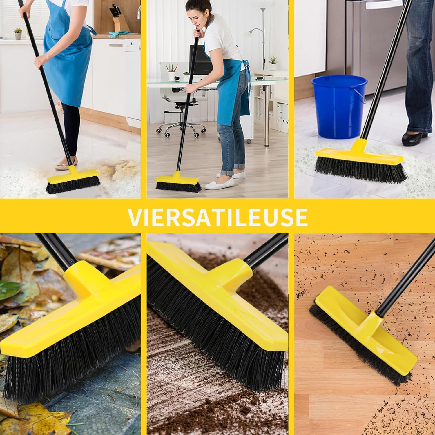 Push Broom Outdoor Indoor Broom 12″ Wide,50″ Long Handle with Stiff Bristles for