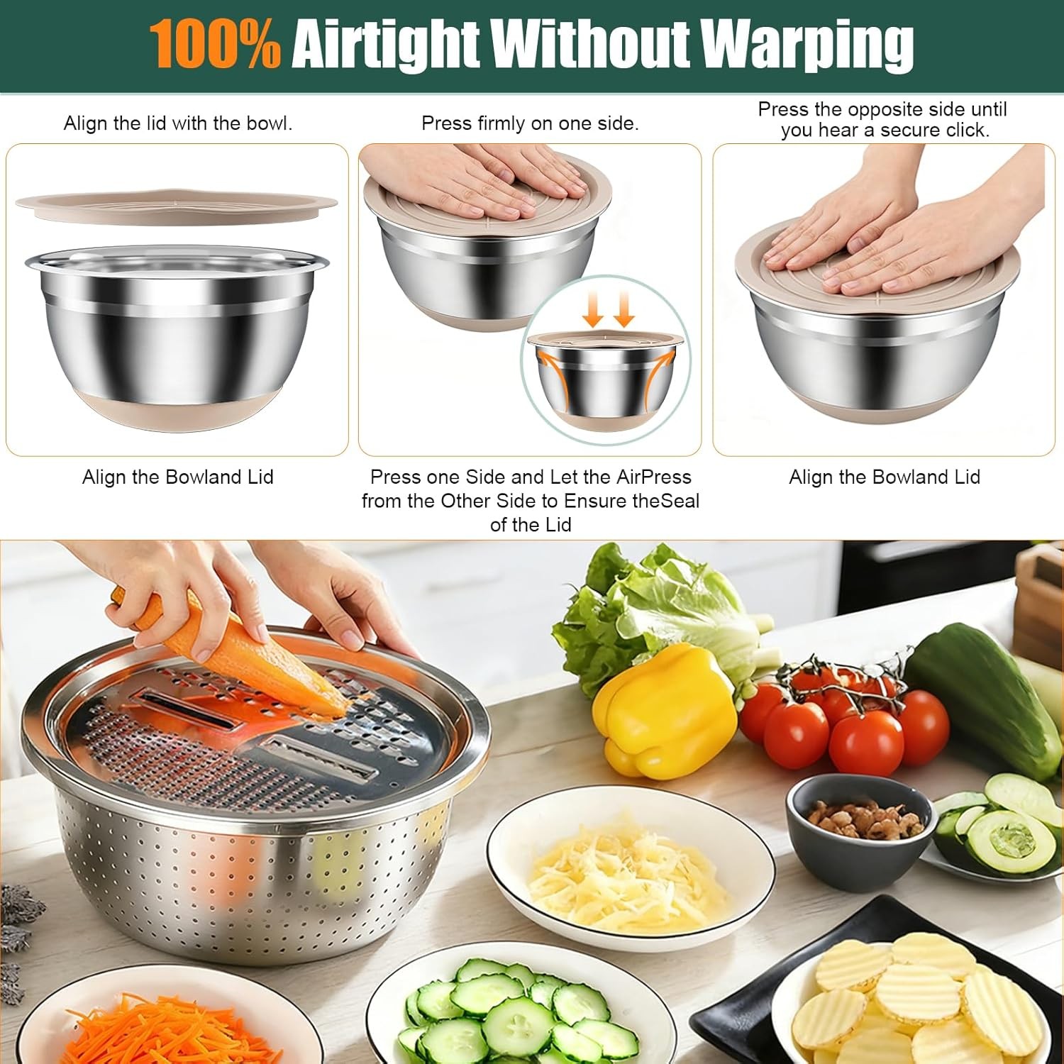 Stainless Steel 4 Bowl Set with Lids Silicone Bases Plus Grater Egg Separator