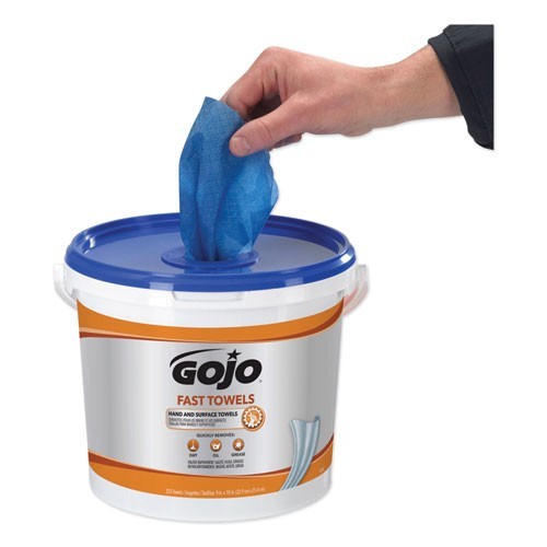 Gojo Fast Hand Cleaning Towels, Cloth, 9 x 10, Fresh Citrus, Blue, 225/Bucket
