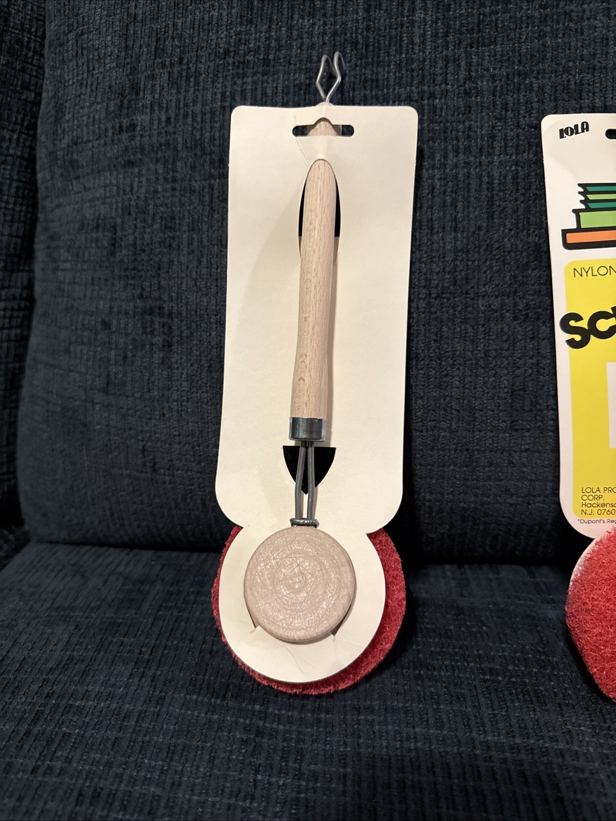 Lola Products New Vintage Nylon Dish Scrubber Red Pad With Wooden Handle 386